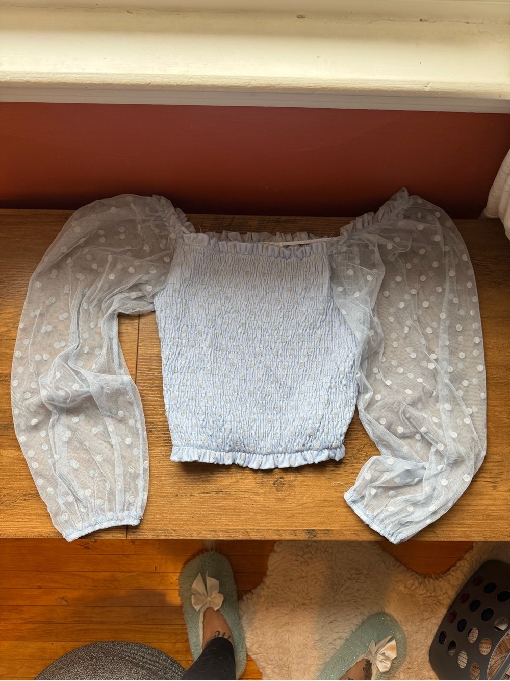 iris Light Blue Smocked Top with Sheer Polka-Dot Puff Sleeves